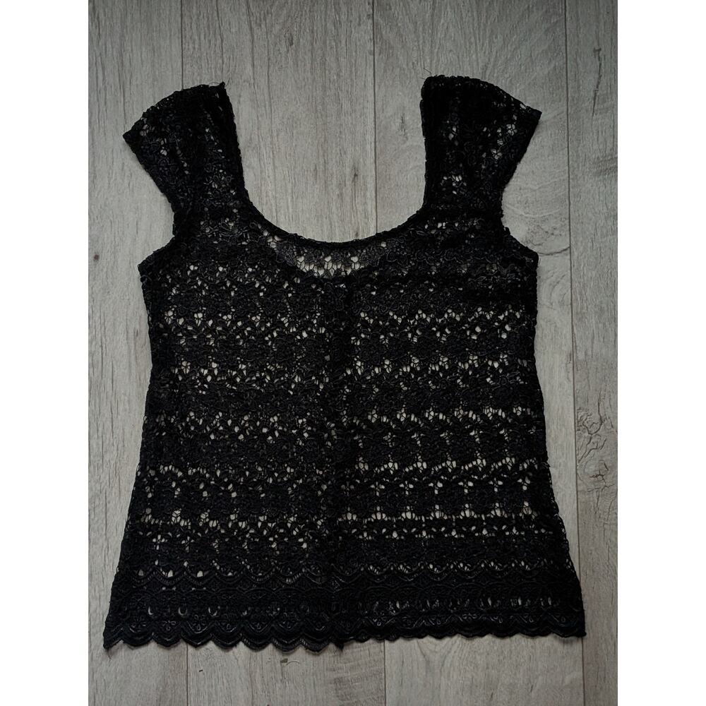 Womens Black Cap Sleeve Crochet Textured Sheer Lace Floral Y2K Blouse Top Medium